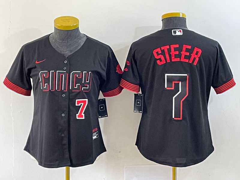 Womens Cincinnati Reds #7 Spencer Steer Numer Black 2023 City Connect Cool Base Stitched Baseball Jersey1->mlb womens jerseys->MLB Jersey